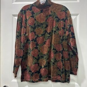 Womens Vintage Floral Mock Neck Long Sleeve Top Velvet Look Roses Zipper Back